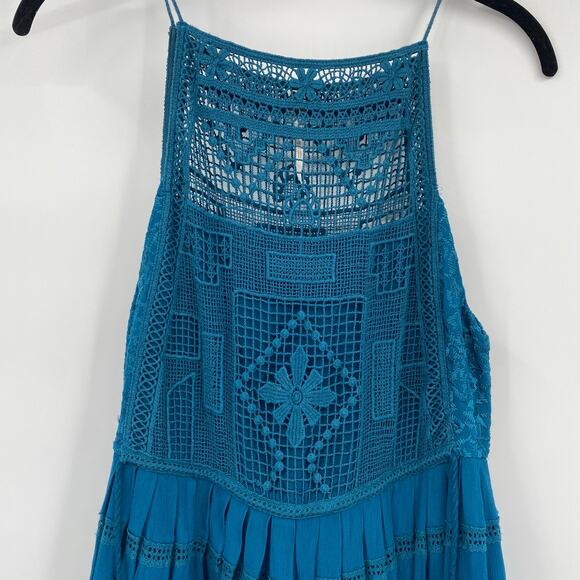 Free People Women's Emily Teal Blue Crochet Pleated Mini Dress Size XS X-Small - Picture 9 of 14